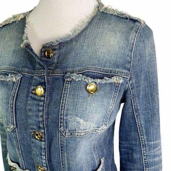GUESS Denim Gold Buttons Raw Hem Distressed Jacket - Picture 4 of 9